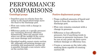 Centrifugal pumps
 Impellers pass on velocity from the
motor to the liquid which helps move
the fluid to the discharge port.
 Flow rate varies with a change in
pressure.
 Efficiency peaks at a specific pressure;
any variations decrease efficiency
dramatically. Does not operate well
when run off the middle of the curve;
can cause damage and cavitation.
 Standard models cannot create suction
lift, although self-priming designs are
available and manometric suction lift
is possible through a non return valve
on the suction line.
Positive displacement pumps
 Traps confined amounts of liquid and
forces it from the suction to the
discharge port.
 Flow rate remains constant with a
change in pressure.
 Efficiency is less affected by
pressure, but if anything tends to
increase as pressure increases. Can
be run at any point on their curve
without damage or efficiency loss.
 Create a vacuum on the inlet side,
making them capable of creating
suction lift.
 