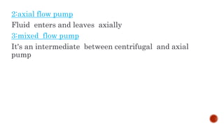 2:axial flow pump
Fluid enters and leaves axially
3:mixed flow pump
It's an intermediate between centrifugal and axial
pump
 