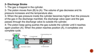 2- Discharge Stroke
1- The gas is trapped in the cylinder.
2- The piston moves from (B) to (A). The volume of gas decrease and its
pressure increases and the temperature also.
3- When the gas pressure inside the cylinder becomes higher than the pressure
of the gas in the discharge manifold, the discharge valve open and the gas
passes through the discharge valve to outside the cylinder.
4- The piston keep going pushes the gas outside the cylinder until it reaches
again position (A). When the piston reaches position (A), it completes one
complete cycle.
 