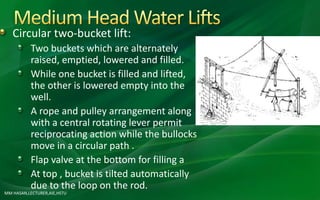 Circular two-bucket lift:
Two buckets which are alternately
raised, emptied, lowered and filled.
While one bucket is filled and lifted,
the other is lowered empty into the
well.
A rope and pulley arrangement along
with a central rotating lever permit
reciprocating action while the bullocks
move in a circular path .
Flap valve at the bottom for filling a
At top , bucket is tilted automatically
due to the loop on the rod.
MM HASAN,LECTURER,AIE,HSTU
 