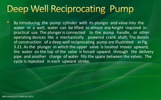 MM HASAN,LECTURER,AIE,HSTU
By introducing the pump cylinder with its plunger and valve into the
water in a well, water can be lifted to almost any height required in
practical use. The plunger is connected to the pump handle, or other
operating devices like a mechanically powered crank shaft, The details
of construction of a deep well reciprocating pump are illustrated in Fig.
3.21. As the plunger in which the upper valve is located moves upward,
the water on the top of the valve is forced upward through the delivery
pipe and another charge of water fills the space between the valves. The
cycle is repeated in each upward stroke.
 