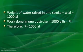 MM HASAN,LECTURER,AIE,HSTU
Weight of water raised in one stroke = w al =
1000 al
Work done in one upstroke = 1000 a lh = Ph
Therefore, P= 1000 al
 