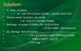 (i) Area of piston,
a= π/4 *d2=3.15/4x 15/100 x 15/100 =0.0177m2
Volume swept by piston per stroke
= al = 0.0177 x 25/100= 0.0044
Discharge of pump = 0.0044 x 50 = 0.22 m3/min
= 0.22 x 1000 = 220 litres/min
(ii) Average force of suction
= (w x a x suction head) /efficiency stroke
= (1000 x 0.0177 x 5)/.75
= 147.5 kg
 