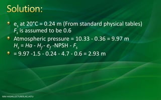MM HASAN,LECTURER,AIE,HSTU
es at 20°C = 0.24 m (From standard physical tables)
Fs is assumed to be 0.6
Atmospheric pressure = 10.33 - 0.36 = 9.97 m
Hs = Ha - Hf - ef -NPSH - Fs
= 9.97 -1.5 - 0.24 - 4.7 - 0.6 = 2.93 m
 