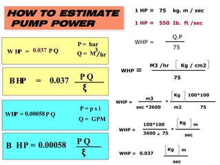 H
P
W = P Q
0.00058
P = p s i
Q = GPM
H
P
W = P Q
0.037
P = bar
Q = M
3
hr
HP
B = P Q
ξ
0.037
HP
B = P Q
ξ
0.00058
HOW TO ESTIMATE
PUMP POWER
1 HP = 75 kg. m / sec
1 HP = 550 Ib. ft /sec
WHP =
Q.P
75
WHP =
75
Kg / cm2
M3 /hr
WHP =
75
Kg
m3
sec *3600
*
100*100
m2
WHP =
75
Kg
3600
*
100*100 m
sec
*
WHP =
Kg
0.037
m
sec
 