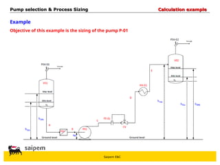 Saipem E&C
Pump selection & Process Sizing
Pump selection & Process Sizing Calculation example
Calculation example
Example
Objective of this example is the sizing of the pump P-01
 