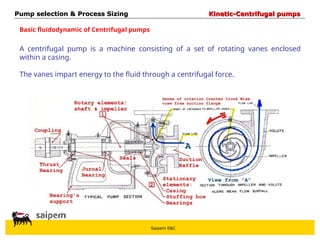 Saipem E&C
A centrifugal pump is a machine consisting of a set of rotating vanes enclosed
within a casing.
The vanes impart energy to the fluid through a centrifugal force.
Pump selection & Process Sizing
Pump selection & Process Sizing Kinetic-Centrifugal pumps
Kinetic-Centrifugal pumps
Basic fluidodynamic of Centrifugal pumps
 