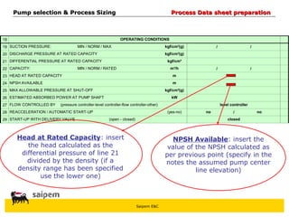 Saipem E&C
18
19 / /
20
21
22 / /
23
24
25
26
27
28 /
29 closed
m³/h
HEAD AT RATED CAPACITY
REACCELERATION / AUTOMATIC START-UP
MAX ALLOWABLE PRESSURE AT SHUT-OFF
ESTIMATED ABSORBED POWER AT PUMP SHAFT
FLOW CONTROLLED BY (pressure controller-level controller-flow controller-other)
(open - closed)
START-UP WITH DELIVERY VALVE
no no
(yes-no)
m
m
kgf/cm²(g)
kW
level controller
NPSH AVAILABLE
CAPACITY: MIN / NORM / RATED
DIFFERENTIAL PRESSURE AT RATED CAPACITY kgf/cm²
MIN / NORM / MAX kgf/cm²(g)
DISCHARGE PRESSURE AT RATED CAPACITY kgf/cm²(g)
OPERATING CONDITIONS
SUCTION PRESSURE:
Head at Rated Capacity: insert
the head calculated as the
differential pressure of line 21
divided by the density (if a
density range has been specified
use the lower one)
NPSH Available: insert the
value of the NPSH calculated as
per previous point (specify in the
notes the assumed pump center
line elevation)
Pump selection & Process Sizing
Pump selection & Process Sizing Process Data sheet preparation
Process Data sheet preparation
 