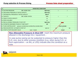 Saipem E&C
18
19 / /
20
21
22 / /
23
24
25
26
27
28 /
29 closed
m³/h
HEAD AT RATED CAPACITY
REACCELERATION / AUTOMATIC START-UP
MAX ALLOWABLE PRESSURE AT SHUT-OFF
ESTIMATED ABSORBED POWER AT PUMP SHAFT
FLOW CONTROLLED BY (pressure controller-level controller-flow controller-other)
(open - closed)
START-UP WITH DELIVERY VALVE
no no
(yes-no)
m
m
kgf/cm²(g)
kW
level controller
NPSH AVAILABLE
CAPACITY: MIN / NORM / RATED
DIFFERENTIAL PRESSURE AT RATED CAPACITY kgf/cm²
MIN / NORM / MAX kgf/cm²(g)
DISCHARGE PRESSURE AT RATED CAPACITY kgf/cm²(g)
OPERATING CONDITIONS
SUCTION PRESSURE:
Max Allowable Pressure @ Shut Off: insert the maximum pressure
allowed in the discharge line / equipment .
In case pump casing can be subjected to pressure higher than the
S.O. one, due to other process condition (e.g. other pump S.O. or
fluid vaporization – as NH3 or LPG) indicate also this condition as a
note
Pump selection & Process Sizing
Pump selection & Process Sizing Process Data sheet preparation
Process Data sheet preparation
 