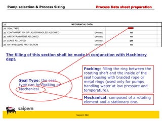 Saipem E&C
33
34
35
36
37
38
LEAKS ALLOWED (yes-no)
CONTAMINATION OF LIQUID HANDLED ALLOWED (yes-no)
ANTIFREEZING PROTECTION (yes-no) no
yes
AIR ENTRAINMENT ALLOWED (yes-no) no
no
SEAL TYPE
MECHANICAL DATA
The filling of this section shall be made in conjunction with Machinery
dept.
Seal Type: the seal
type can be Packing or
Mechanical
Packing: filling the ring between the
rotating shaft and the inside of the
seal housing with braided rope or
metal rings (used only for pumps
handling water at low pressure and
temperature).
Mechanical: composed of a rotating
element and a stationary one.
Pump selection & Process Sizing
Pump selection & Process Sizing Process Data sheet preparation
Process Data sheet preparation
 