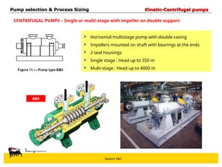 Saipem E&C
CENTRIFUGAL PUMPS – Single or multi-stage with impeller on double support
 Horizontal multistage pump with double casing
 Impellers mounted on shaft with bearings at the ends
 2 seal housings
 Single stage : Head up to 350 m
 Multi-stage : Head up to 4000 m
BB5
Pump selection & Process Sizing
Pump selection & Process Sizing Kinetic-Centrifugal pumps
Kinetic-Centrifugal pumps
 