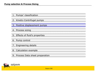 Saipem E&C
8. Calculation example
7. Engineering details
6. Pump control
5. Effects of fluid’s properties
4. Process sizing
3. Positive displacement pumps
Pump selection & Process Sizing
Pump selection & Process Sizing
2. Kinetic-Centrifugal pumps
1. Pumps’ classification
9. Process Data sheet preparation
 