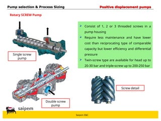 Saipem E&C
 Consist of 1, 2 or 3 threaded screws in a
pump housing
 Require less maintenance and have lower
cost than reciprocating type of comparable
capacity but lower efficiency and differential
pressure
 Twin-screw type are available for head up to
20-30 bar and triple-screw up to 200-250 bar
Single screw
pump
Double screw
pump
Screw detail
Pump selection & Process Sizing
Pump selection & Process Sizing Positive displacement pumps
Positive displacement pumps
Rotary SCREW Pump
 
