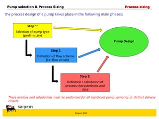 Saipem E&C
Pump selection & Process Sizing
Pump selection & Process Sizing Process sizing
Process sizing
The process design of a pump takes place in the following main phases:
Step 1:
Selection of pump type
(preliminary)
Step 2:
Definition of flow scheme
(i.e. flow circuit)
Step 3:
Definition / calculation of
process characteristics and
data
Pump Design
These analisys and calculations must be performed for all significant pump scenarios or distinct delivery
circuits
 