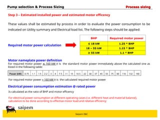 Saipem E&C
Step 3 – Estimated installed power and estimated motor efficency
These values shall be estimated by process in order to evaluate the power consumption to be
indicated on Utility summary and Electrical load list. The following steps should be applied:
Required motor power calculation
BHP Required motor power
≤ 18 kW 1.25 * BHP
18 – 55 kW 1.15 * BHP
≥ 55 kW 1.1 * BHP
Motor nameplate power definition
For required motor power 160 kW
≤ it is the standard motor power immediately above the calculated one as
listed in the following table:
For required motor power  160 kW it is the calculated required motor power
Electrical power consumption estimation @ rated power
Is calculated as the ratio of BHP and motor efficency
For electrical power consumption at different operating cases (i.e. different heat and material balance),
calculation to be done according to effective motor load and relative efficiency
Pump selection & Process Sizing
Pump selection & Process Sizing Process sizing
Process sizing
 