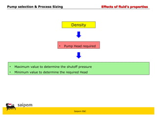 Saipem E&C
Density
• Pump Head required
• Maximum value to determine the shutoff pressure
• Minimum value to determine the required Head
Pump selection & Process Sizing
Pump selection & Process Sizing Effects of fluid’s properties
Effects of fluid’s properties
 