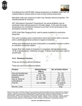 Final Boiling Point (ASTM D86): highest temperature of distillation flask neck: all
material boiled or residue starts to crack to lower boiling components.
Mercaptan sulfur test: presence of sulfur may indicates odorous properties. The
indicate potential for corrosion.
AET (Atmospheric Equivalent Temperature): the actual distillation may be
conducted under reduced pressure in the later stages. In this case the actual
temperatures are corrected for pressure to put them on the same basis as the
atmospheric pressure results.
CFPP (Cold Filter Plugging Point): used to assess suitability for automotive
diesel fuel.
Pour point: at its pour point a hydrocarbon will not start to flow within 5 seconds
when a (defined) cylindrical container is tipped to horizontal.
Aniline point: temperature at which hydrocarbon is completely miscible in aniline an indication of Aromatic content.
Copper Strip Test: results of immersion in comparison with standard samples.
1A, B, C are discolored, 3 definitely corroded. A similar silver strip test is used for
aircraft fuels.

2.4.2 Petroleum Fractions.
These are commonly defined as follows:
These are commonly defined as follows:
Product
Gas and liquefied gas
Gasoline (petrol)
Kerosene
Gas oil, diesel oil
Lubricating oil
Fuel Oil

Boiling Range,
Deg. C
up to 25
ca. 20 - 180
ca. 175 - 275
ca. 200 - 380
very variable

Bitumen, Coke

No. of Carbon Atoms
C1 - C4
C4 - Cll
C4 - C16
C15 – C25
C20 – C70
C10 upwards
To C70+
large

Refinery Process Stream Purification Refinery Process Catalysts Troubleshooting Refinery Process Catalyst Start-Up / Shutdown
Activation Reduction In-situ Ex-situ Sulfiding Specializing in Refinery Process Catalyst Performance Evaluation Heat & Mass
Balance Analysis Catalyst Remaining Life Determination Catalyst Deactivation Assessment Catalyst Performance
Characterization Refining & Gas Processing & Petrochemical Industries Catalysts / Process Technology - Hydrogen Catalysts /
Process Technology – Ammonia Catalyst Process Technology - Methanol Catalysts / process Technology – Petrochemicals
Specializing in the Development & Commercialization of New Technology in the Refining & Petrochemical Industries
Web Site: www.GBHEnterprises.com

 
