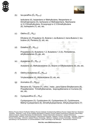 (b)

Iso-paraffins (Cn H2n+2)
Isobutane (4), Isopentane or Methylbutane, Neopentane or
Dimethylpropane (5), Isohexane or Methylpentane, Neohexane
or 2.2 Dimethylbutane, Di-isopropyl or 2.3 Dimethylbutane
(6), Isoheptane (7), etc, etc.

(c)

Olefins (C n H2n)
Ethylene (2), Propylene (3), Butene-I, cis-Butene-2, trans-Butene 2, Isobutene (4), Pentene (5), etc, etc.

(d)

Diolefins (C n H2n-2)
Propadiene (3), Butadiene 1.2, Butadiene 1.3 (4), Pentadienes,
ethylbutadienes (5), etc, etc.

(e)

Acetylenes (C n H2n- 2)
Acetylene (2), Methylacetylene (3), Butyne or Ethylacetylene (4), etc, etc.

(f)

Olefins-Acetylenes (C n H2n-4)
Vinylacetylene (4), Allylacetylene (5), etc, etc.

(g)

Aromatics (C n H2n-6)
Benzene (6), Toluene (7), ortho-, meta-, para-Xylene Ethylbenzene (8),
Propylbenzene Trimethylbenzenes, lsopropylbenzene or Cumene (9),
etc, etc.

(h)

Cycloparaffins (C

n

H2n)

Cyclopropane (3), Cyclobutane (4), Cyclopentane (5), Cyclohexane,
Methyl Cyclopentane (6), Dimethylcylopentanes, Ethylcyclopentane (7)

Refinery Process Stream Purification Refinery Process Catalysts Troubleshooting Refinery Process Catalyst Start-Up / Shutdown
Activation Reduction In-situ Ex-situ Sulfiding Specializing in Refinery Process Catalyst Performance Evaluation Heat & Mass
Balance Analysis Catalyst Remaining Life Determination Catalyst Deactivation Assessment Catalyst Performance
Characterization Refining & Gas Processing & Petrochemical Industries Catalysts / Process Technology - Hydrogen Catalysts /
Process Technology – Ammonia Catalyst Process Technology - Methanol Catalysts / process Technology – Petrochemicals
Specializing in the Development & Commercialization of New Technology in the Refining & Petrochemical Industries
Web Site: www.GBHEnterprises.com

 