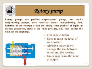 11
Rotary pump
Rotary pumps are positive displacement pumps, but unlike
reciprocating pumps, have relatively steady, non-pulsating flow.
Rotation of the rotor(s) within the casing traps pockets of liquid at
suction conditions, elevates the fluid pressure, and then pushes the
fluid out the discharge.
 Can handle debris
 Used to raise the level of
wastewater
 Abrasive material will
damage the seal between
screw and the housing
 Grain augers use the same
principle
 