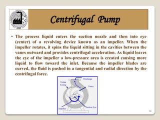 16
Centrifugal Pump
• The process liquid enters the suction nozzle and then into eye
(center) of a revolving device known as an impeller. When the
impeller rotates, it spins the liquid sitting in the cavities between the
vanes outward and provides centrifugal acceleration. As liquid leaves
the eye of the impeller a low-pressure area is created causing more
liquid to flow toward the inlet. Because the impeller blades are
curved, the fluid is pushed in a tangential and radial direction by the
centrifugal force.
 