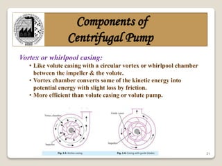 21
Components of
Centrifugal Pump
Vortex or whirlpool casing:
• Like volute casing with a circular vortex or whirlpool chamber
between the impeller & the volute.
• Vortex chamber converts some of the kinetic energy into
potential energy with slight loss by friction.
• More efficient than volute casing or volute pump.
 