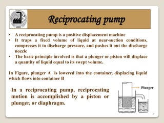 7
Reciprocating pump
• A reciprocating pump is a positive displacement machine
• It traps a fixed volume of liquid at near-suction conditions,
compresses it to discharge pressure, and pushes it out the discharge
nozzle
• The basic principle involved is that a plunger or piston will displace
a quantity of liquid equal to its swept volume.
In Figure, plunger A is lowered into the container, displacing liquid
which flows into container B
Plunger
In a reciprocating pump, reciprocating
motion is accomplished by a piston or
plunger, or diaphragm.
 