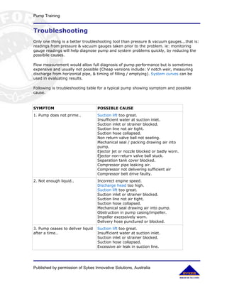 Pump Training


Troubleshooting
Only one thing is a better troubleshooting tool than pressure & vacuum gauges...that is:
readings from pressure & vacuum gauges taken prior to the problem. ie: monitoring
gauge readings will help diagnose pump and system problems quickly, by reducing the
possibile causes.

Flow measurement would allow full diagnosis of pump performance but is sometimes
expensive and usually not possible (Cheap versions include: V notch weir, measuring
discharge from horizontal pipe, & timing of filling / emptying). System curves can be
used in evaluating results.

Following is troubleshooting table for a typical pump showing symptom and possible
cause.



SYMPTOM                            POSSIBLE CAUSE
1. Pump does not prime..           Suction lift too great.
                                   Insufficient water at suction inlet.
                                   Suction inlet or strainer blocked.
                                   Suction line not air tight.
                                   Suction hose collapsed.
                                   Non return valve ball not seating.
                                   Mechanical seal / packing drawing air into
                                   pump.
                                   Ejector jet or nozzle blocked or badly worn.
                                   Ejector non-return valve ball stuck.
                                   Separation tank cover blocked.
                                   Compressor pipe leaking air.
                                   Compressor not delivering sufficient air
                                   Compressor belt drive faulty.
2. Not enough liquid..             Incorrect engine speed.
                                   Discharge head too high.
                                   Suction lift too great.
                                   Suction inlet or strainer blocked.
                                   Suction line not air tight.
                                   Suction hose collapsed.
                                   Mechanical seal drawing air into pump.
                                   Obstruction in pump casing/impeller.
                                   Impeller excessively worn.
                                   Delivery hose punctured or blocked.
3. Pump ceases to deliver liquid   Suction lift too great.
after a time..                     Insufficient water at suction inlet.
                                   Suction inlet or strainer blocked.
                                   Suction hose collapsed.
                                   Excessive air leak in suction line.




Published by permission of Sykes Innovative Solutions, Australia
 