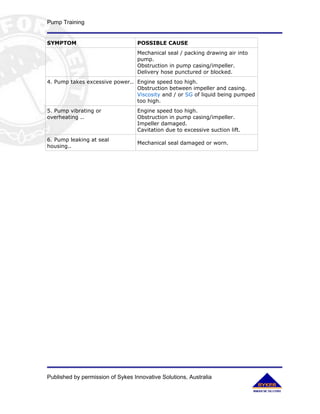 Pump Training


SYMPTOM                            POSSIBLE CAUSE
                                   Mechanical seal / packing drawing air into
                                   pump.
                                   Obstruction in pump casing/impeller.
                                   Delivery hose punctured or blocked.
4. Pump takes excessive power.. Engine speed too high.
                                Obstruction between impeller and casing.
                                Viscosity and / or SG of liquid being pumped
                                too high.
5. Pump vibrating or               Engine speed too high.
overheating ..                     Obstruction in pump casing/impeller.
                                   Impeller damaged.
                                   Cavitation due to excessive suction lift.
6. Pump leaking at seal
                                   Mechanical seal damaged or worn.
housing..




Published by permission of Sykes Innovative Solutions, Australia
 