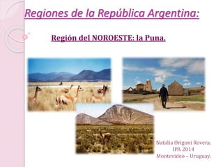 Regiones de la República Argentina:
Región del NOROESTE: la Puna.
Natalia Origoni Rovera.
IPA 2014
Montevideo – Uruguay.
 