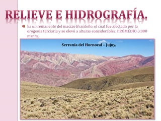 Es un remanente del macizo Brasileño, el cual fue afectado por la
orogenia terciaria y se elevó a alturas considerables. PROMEDIO 3.000
msnm.
Serranía del Hornocal – Jujuy.
 