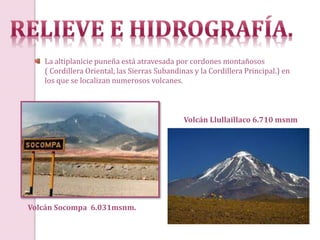 La altiplanicie puneña está atravesada por cordones montañosos
( Cordillera Oriental, las Sierras Subandinas y la Cordillera Principal.) en
los que se localizan numerosos volcanes.
Volcán Socompa 6.031msnm.
Volcán Llullaillaco 6.710 msnm
 
