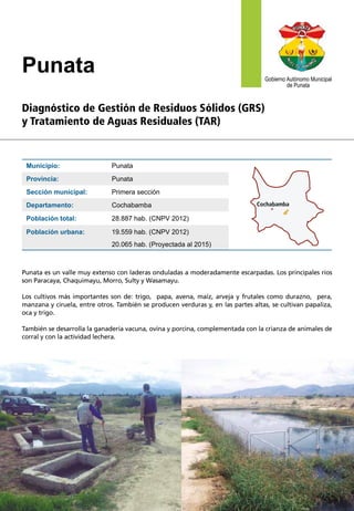 Municipio: Punata
Provincia: Punata
Sección municipal: Primera sección
Departamento: Cochabamba
Población total: 28.887 hab. (CNPV 2012)
Población urbana: 19.559 hab. (CNPV 2012)
20.065 hab. (Proyectada al 2015)
Cochabamba
Punata es un valle muy extenso con laderas onduladas a moderadamente escarpadas. Los principales ríos
son Paracaya, Chaquimayu, Morro, Sulty y Wasamayu.
Los cultivos más importantes son de: trigo, papa, avena, maíz, arveja y frutales como durazno, pera,
manzana y ciruela, entre otros. También se producen verduras y, en las partes altas, se cultivan papaliza,
oca y trigo.
También se desarrolla la ganadería vacuna, ovina y porcina, complementada con la crianza de animales de
corral y con la actividad lechera.
DIMENSIÓN ECONÓMICA
DIMENSIÓN SOCIAL
DIMENSIÓN AMBIENTAL
• La población con menos posibilidades de acceso a los servicios de aseo urbano es aquella
que tiene niveles bajos de educación.
• La población va tomando conciencia de su responsabilidad ambiental ya que el 78% de
ésta, considera que el comportamiento que más afecta al municipio es botar basura en
las calles.
• El municipio comienza a abrir espacios para la participación social en los que se podrían
tratar los temas de GRS y TAR.
Gestión de Residuos Sólidos (GRS)
• El botadero municipal está contaminando el río Morro al encontrarse en sus orillas.
• Se realizan monitoreos ambientales (aire, agua y ruido) para determinar posibles efectos
negativos de la disposición de residuos sólidos.
• Se realiza la cobertura de los residuos en el botadero, al menos una vez por semana,
para evitar la proliferación de vectores y la emanación de olores.
Tratamiento de Aguas Residuales (TAR)
• Las aguas residuales que no son tratadas, están siendo utilizadas en algunos sectores
para el riego de los cultivos.
• Las plantas de tratamiento se encuentran distantes del centro urbano del municipio.
• El área responsable del manejo de las plantas de tratamiento, aunque mínimamente,
realiza un mantenimiento a éstas para garantizar la continuidad de operación.
• El Gobierno Municipal realiza esfuerzos para el mantenimiento de la planta.
• Lasplantasrecibenmantenimientobasicoparagarantizarlacontinuidaddelasoperaciones.
• El 100% del servicio de aseo urbano está subvencionado.
• El servicio de aseo presenta costos de barrido y recolección dentro de los límites estable-
cidos para Latinoamérica.
• Está pendiente la aprobación de un reglamento que establezca una tasa para el cobro
por el servicio de aseo.
El Gobierno Autónomo del Municipio de Punata en el marco del proyecto Gestión ambiental municipal, busca lograr los siguientes efectos hasta
el 2018:
• Mejorar la calidad de los servicios en GRS y TAR.
• Apoyar a que la población cuente con las capacidades y esté comprometida con la GRS y el TAR.
• Fortalecer las capacidades de las instituciones que brindan los servicios de gestión ambiental.
El Proyecto apoya también a una veintena de municipios de las regiones de los Chichas (Potosí), Chaco (Chuquisaca y Tarija),Valle Alto (Cochabamba)
y Lago Titicaca (La Paz).
Bs 384.883
Presupuesto total
del servicio de
alcantarillado
Diagnóstico de Gestión de Residuos Sólidos (GRS)
y Tratamiento de Aguas Residuales (TAR)
Gobierno Autónomo Municipal
de Punata
Punata
Gestión ambiental municipal
Alianza ejecutora:
Unidad de Apoyo Regional:
En esta impresión se ahorraron:
46 kg de
residuos sólidos
62 km de
viaje en coche
estándar europeo
6 kg
de CO2
98 km de
kWh de energía
75 kg
de madera
1.753
litros de agua
Todo el servicio de GRS es subvencionado por el municipio.
 