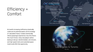 Air travel’s increasing inefficiency drastically
undercuts its potential speed, and its strategy
of “calculated misery” creates intentionally
inferior passenger experiences. Any time there’s
this much friction, many new players will be
looking to disrupt, disintermediate, and reinvent,
and high-speed trains and suborbital space
travel could offer that opportunity.
Efficiency +
Comfort
Virgin Hyperloop One
SpaceX BFR
 