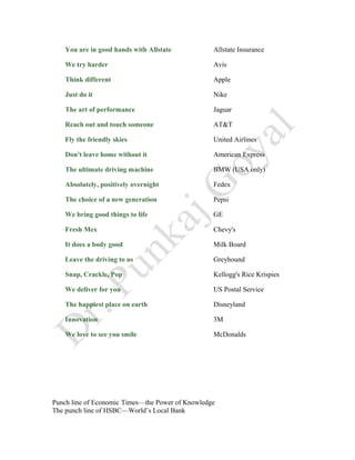 You are in good hands with Allstate Allstate Insurance
We try harder Avis
Think different Apple
Just do it Nike
The art of performance Jaguar
Reach out and touch someone AT&T
Fly the friendly skies United Airlines
Don't leave home without it American Express
The ultimate driving machine BMW (USA only)
Absolutely, positively overnight Fedex
The choice of a new generation Pepsi
We bring good things to life GE
Fresh Mex Chevy's
It does a body good Milk Board
Leave the driving to us Greyhound
Snap, Crackle, Pop Kellogg's Rice Krispies
We deliver for you US Postal Service
The happiest place on earth Disneyland
Innovation 3M
We love to see you smile McDonalds
Punch line of Economic Times—the Power of Knowledge
The punch line of HSBC—World’s Local Bank
 