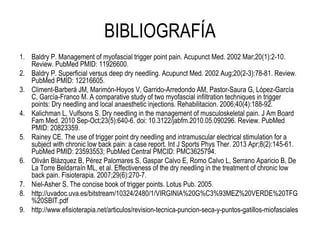 BIBLIOGRAFÍA
1. Baldry P. Management of myofascial trigger point pain. Acupunct Med. 2002 Mar;20(1):2-10.
Review. PubMed PMID: 11926600.
2. Baldry P. Superficial versus deep dry needling. Acupunct Med. 2002 Aug;20(2-3):78-81. Review.
PubMed PMID: 12216605.
3. Climent-Barberá JM, Marimón-Hoyos V, Garrido-Arredondo AM, Pastor-Saura G, López-García
C, García-Franco M. A comparative study of two myofascial infiltration techniques in trigger
points: Dry needling and local anaesthetic injections. Rehabilitacion. 2006;40(4):188-92.
4. Kalichman L, Vulfsons S. Dry needling in the management of musculoskeletal pain. J Am Board
Fam Med. 2010 Sep-Oct;23(5):640-6. doi: 10.3122/jabfm.2010.05.090296. Review. PubMed
PMID: 20823359.
5. Rainey CE. The use of trigger point dry needling and intramuscular electrical stimulation for a
subject with chronic low back pain: a case report. Int J Sports Phys Ther. 2013 Apr;8(2):145-61.
PubMed PMID: 23593553; PubMed Central PMCID: PMC3625794.
6. Oliván Blázquez B, Pérez Palomares S, Gaspar Calvo E, Romo Calvo L, Serrano Aparicio B, De
La Torre Beldarraín ML, et al. Effectiveness of the dry needling in the treatment of chronic low
back pain. Fisioterapia. 2007;29(6):270-7.
7. Niel-Asher S. The concise book of trigger points. Lotus Pub. 2005.
8. http://uvadoc.uva.es/bitstream/10324/2480/1/VIRGINIA%20G%C3%93MEZ%20VERDE%20TFG
%20SBIT.pdf
9. http://www.efisioterapia.net/articulos/revision-tecnica-puncion-seca-y-puntos-gatillos-miofasciales
 