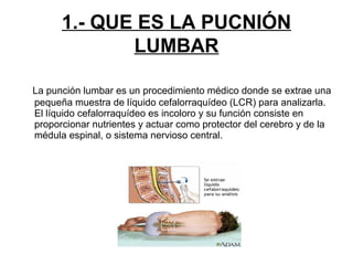 1.- QUE ES LA PUCNIÓN
LUMBAR
La punción lumbar es un procedimiento médico donde se extrae una
pequeña muestra de líquido cefalorraquídeo (LCR) para analizarla.
El líquido cefalorraquídeo es incoloro y su función consiste en
proporcionar nutrientes y actuar como protector del cerebro y de la
médula espinal, o sistema nervioso central.

 