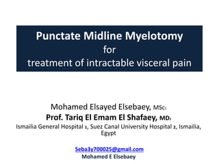 Punctate Midline Myelotomy
for
treatment of intractable visceral pain
Mohamed Elsayed Elsebaey, MSc1
Prof. Tariq El Emam El Shafaey, MD2
Ismailia General Hospital 1, Suez Canal University Hospital 2, Ismailia,
Egypt
Seba3y700025@gmail.com
Mohamed E Elsebaey
 