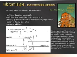 Semne şi simptome – deficit de Qi în Stomac
-probleme digestive; menstruale;
-lipsă de apetit, oboseală şi retenţie de lichide;
-dureri şi spasme musculare; dureri în articulaţiile piciorului;
- durere în fluierul piciorului;
- meteosensibilitate;
Puncte sensibile
la palpare
după Kiiko Matsumoto
Interestingly, many of the symptoms of
fibromyalgia are common to a Stomach
Qi Deficiency pattern. "All patients
presenting with a Moderate pulse are
indicated for the Stomach Qi line
treatment. A Moderate pulse is most
common with complaints of muscular
pain, digestive problems, lack of energy
(Chronic Fatigue Immune Deficiency
Syndrome), lack of appetite and weight
loss." (Vol. 1, 73)
 