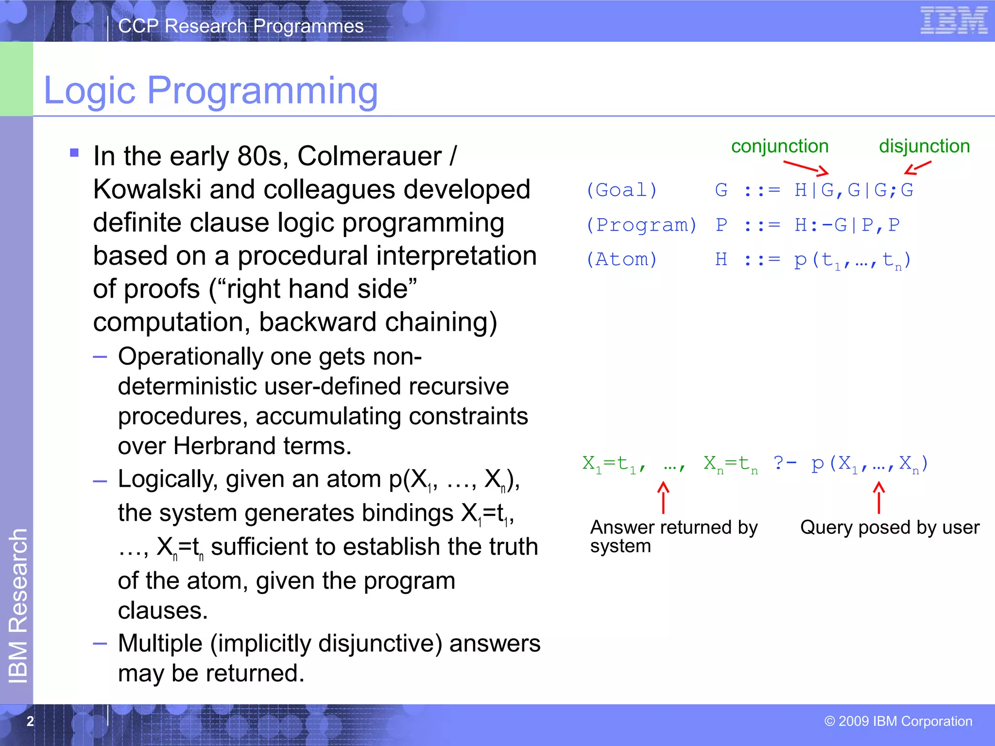 CCP Research Programmes 
Logic Programming 
 In the early 80s, Colmerauer / 
Kowalski and colleagues developed 
definite clause logic programming 
based on a procedural interpretation 
of proofs (“right hand side” 
computation, backward chaining) 
– Operationally one gets non-deterministic 
user-defined recursive 
procedures, accumulating constraints 
over Herbrand terms. 
– Logically, given an atom p(X1, …, Xn), 
the system generates bindings X1=t1, 
…, Xn=tn sufficient to establish the truth 
of the atom, given the program 
clauses. 
– Multiple (implicitly disjunctive) answers 
may be returned. 
conjunction disjunction 
© 2009 IBM Corporation IBM Research 
2 
(Goal) G ::= H|G,G|G;G 
(Program) P ::= H:-G|P,P 
(Atom) H ::= p(t1,…,tn) 
X1=t1, …, Xn=tn ?- p(X1,…,Xn) 
Answer returned by Query posed by user 
system 
 
