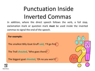 In addition, where the direct speech follows the verb, a full stop,
exclamation mark or question mark must be used inside the inverted
commas to signal the end of the speech.
Punctuation Inside
Inverted Commas
For example:
The smallest Billy Goat Gruff said, ‘I’ll go first.’
The Troll shouted, ‘Who goes there?’
The biggest goat shouted, ‘Oh no you won’t!’
 