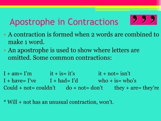 Apostrophe in Contractions<br />A contraction is formed when 2 words are combined to make 1 word.<br />An apostrophe is us...