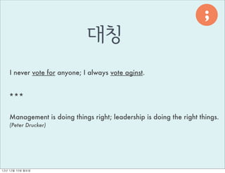 ;




                                                                              ,
                               대칭
     I never vote for anyone; I always vote aginst.


    ***

    Management is doing things right; leadership is doing the right things.
    (Peter Drucker)




12년	 12월	 10일	 월요일
 