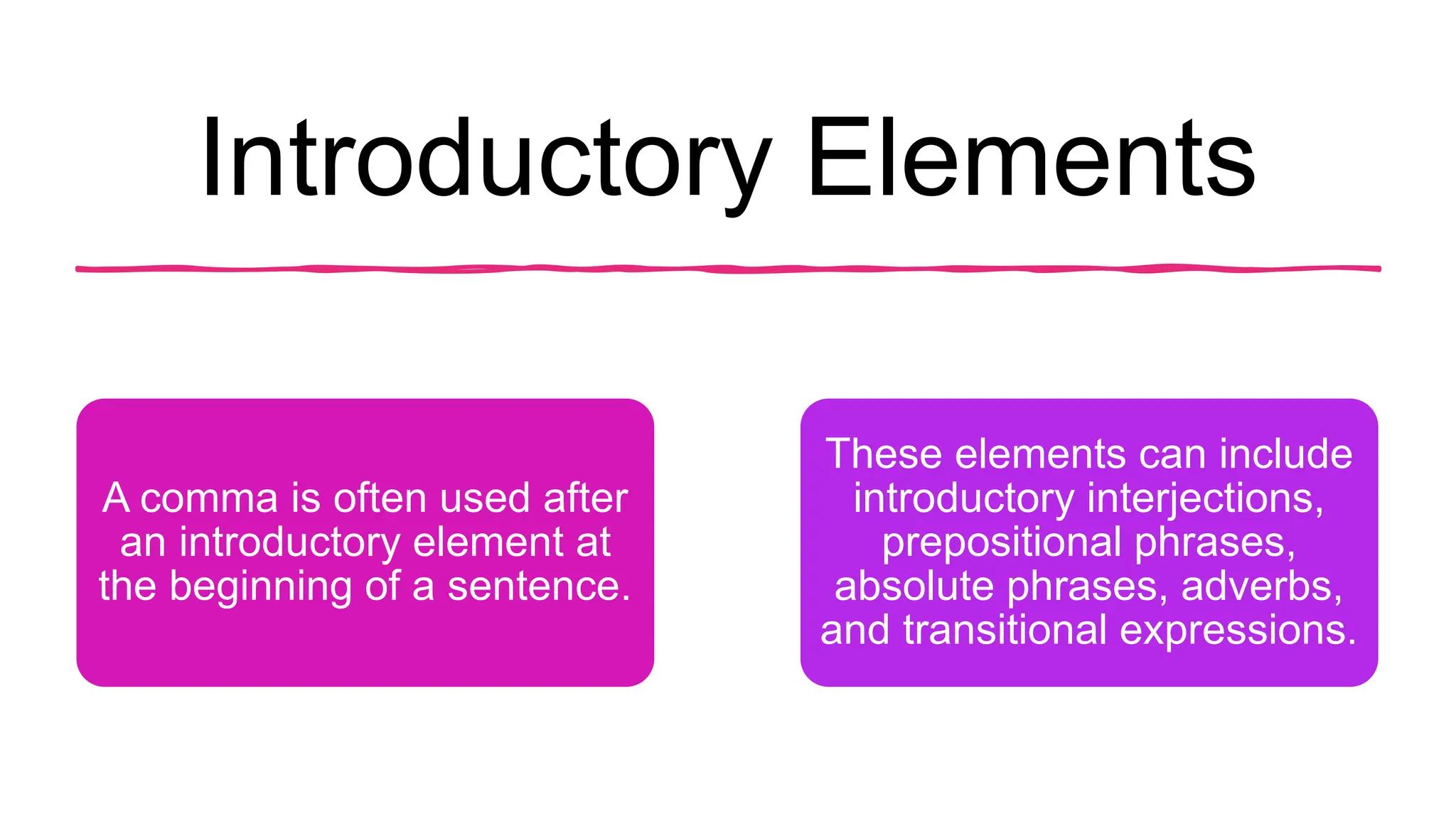 Introductory Elements
A comma is often used after
an introductory element at
the beginning of a sentence.
These elements can include
introductory interjections,
prepositional phrases,
absolute phrases, adverbs,
and transitional expressions.
 