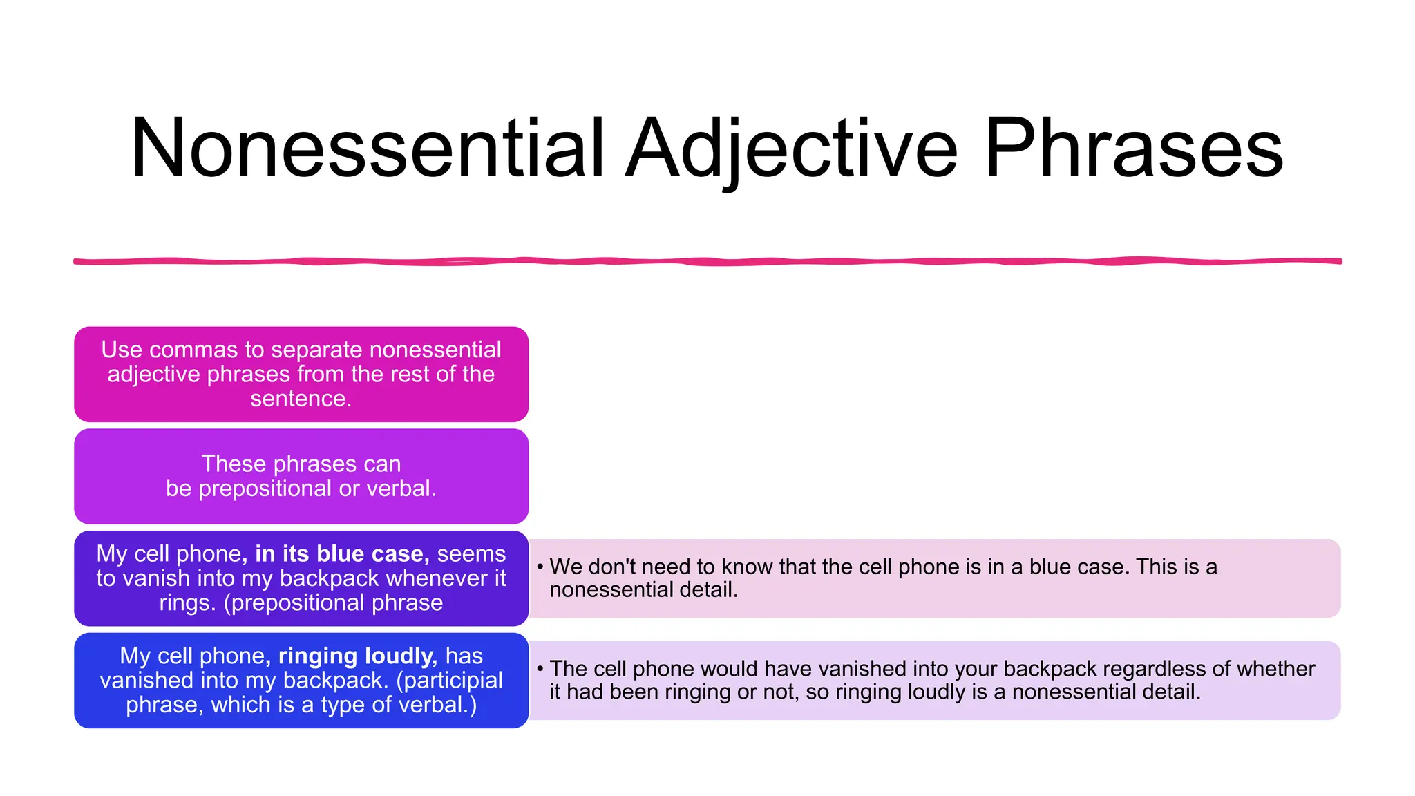 Nonessential Adjective Phrases
Use commas to separate nonessential
adjective phrases from the rest of the
sentence.
These phrases can
be prepositional or verbal.
• We don't need to know that the cell phone is in a blue case. This is a
nonessential detail.
My cell phone, in its blue case, seems
to vanish into my backpack whenever it
rings. (prepositional phrase
• The cell phone would have vanished into your backpack regardless of whether
it had been ringing or not, so ringing loudly is a nonessential detail.
My cell phone, ringing loudly, has
vanished into my backpack. (participial
phrase, which is a type of verbal.)
 