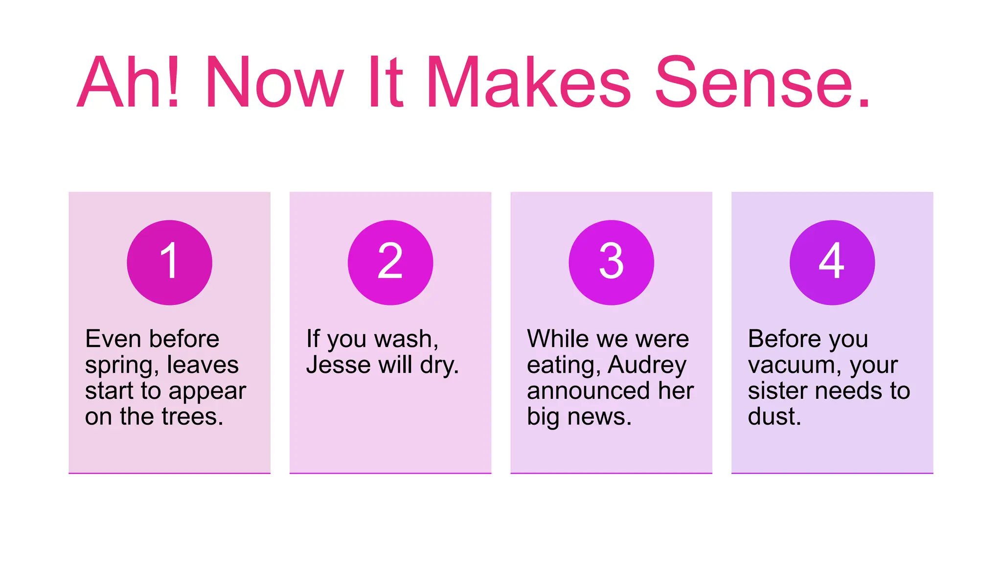 Ah! Now It Makes Sense.
Even before
spring, leaves
start to appear
on the trees.
1
If you wash,
Jesse will dry.
2
While we were
eating, Audrey
announced her
big news.
3
Before you
vacuum, your
sister needs to
dust.
4
 