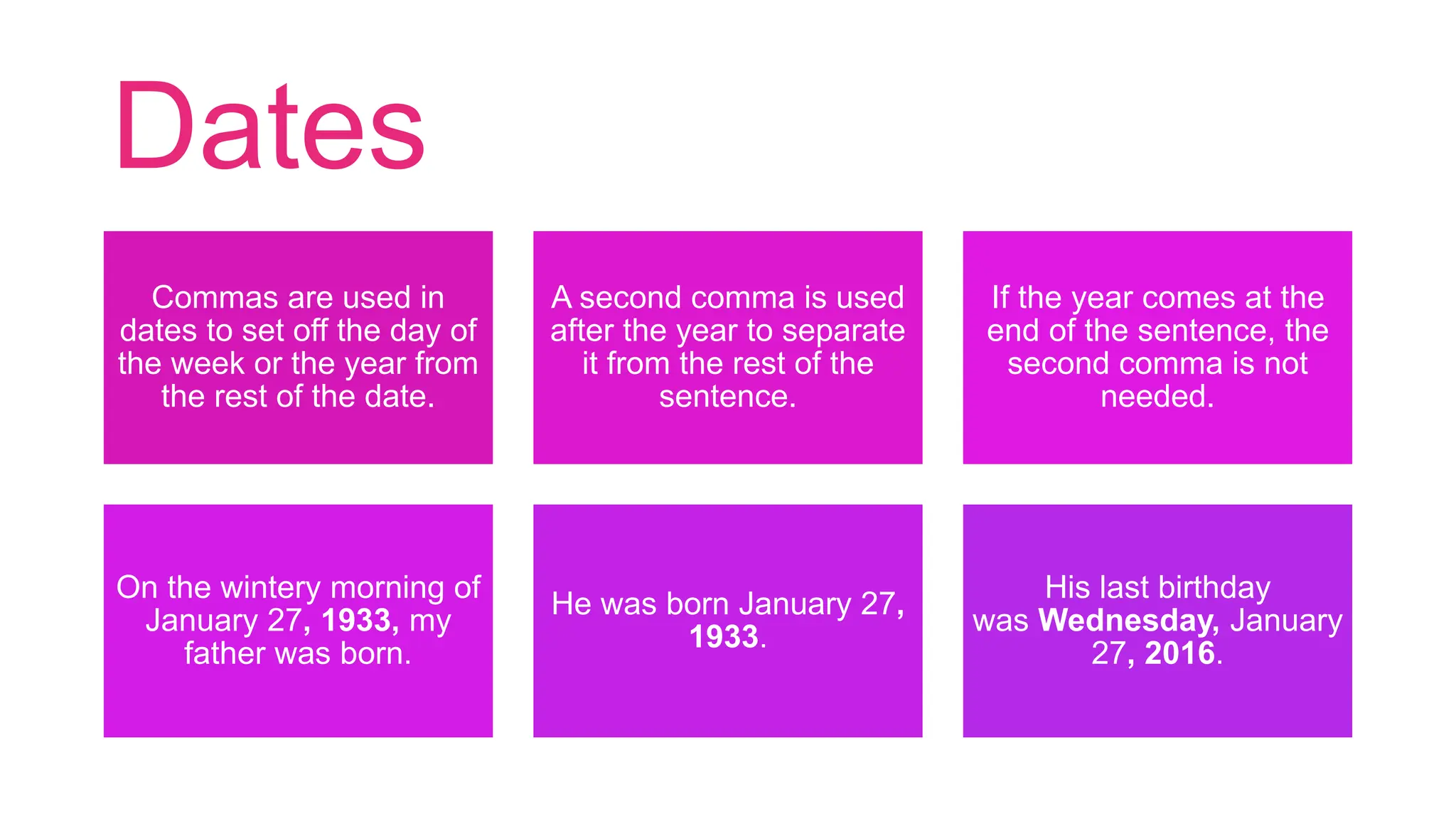 Dates
Commas are used in
dates to set off the day of
the week or the year from
the rest of the date.
A second comma is used
after the year to separate
it from the rest of the
sentence.
If the year comes at the
end of the sentence, the
second comma is not
needed.
On the wintery morning of
January 27, 1933, my
father was born.
He was born January 27,
1933.
His last birthday
was Wednesday, January
27, 2016.
 