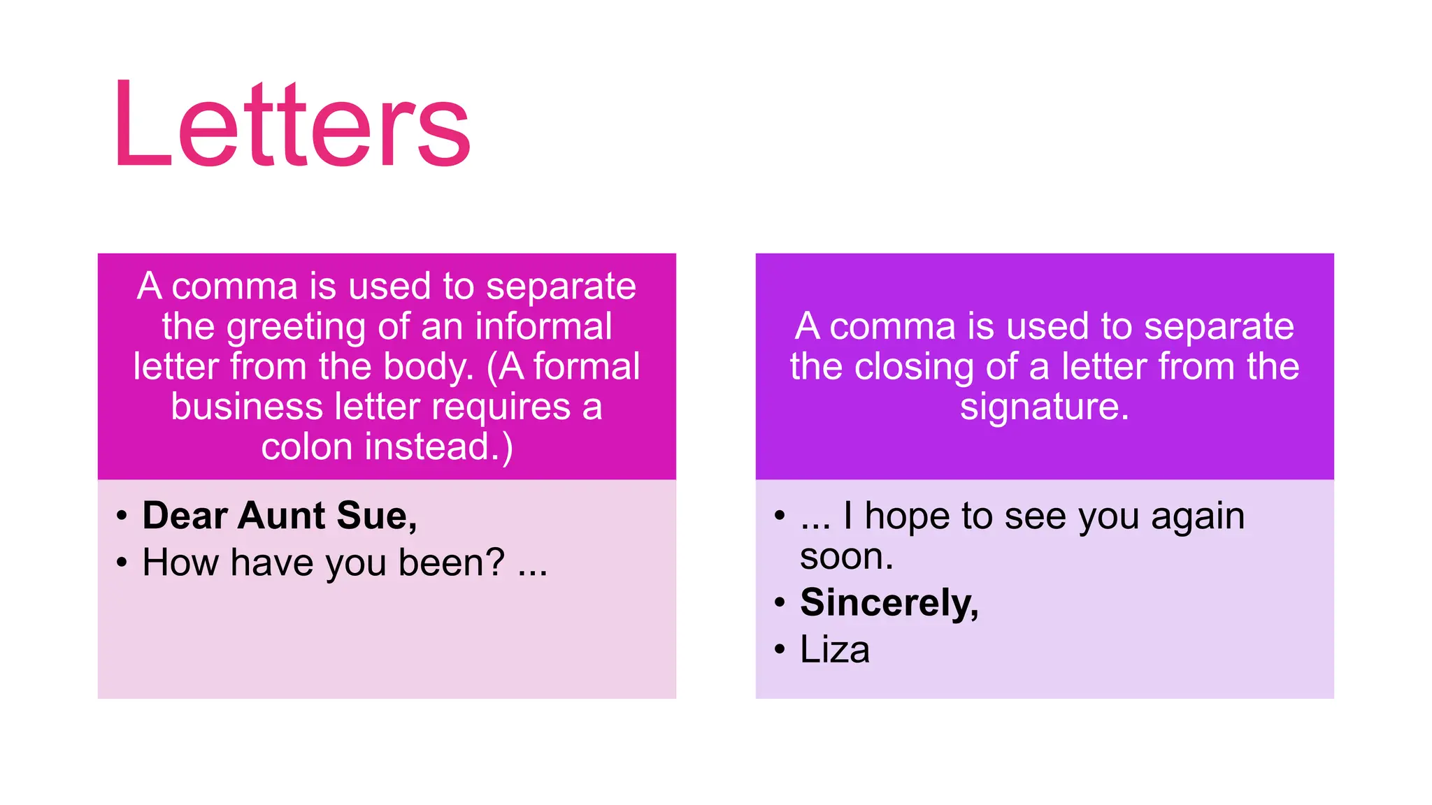Letters
A comma is used to separate
the greeting of an informal
letter from the body. (A formal
business letter requires a
colon instead.)
• Dear Aunt Sue,
• How have you been? ...
A comma is used to separate
the closing of a letter from the
signature.
• ... I hope to see you again
soon.
• Sincerely,
• Liza
 