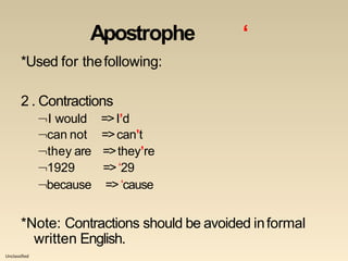 Unclassified
Apostrophe ‘
*Used for thefollowing:
2 . Contractions
I would =>I’d
can not
they are
1929
=>can’t
=>they’re
=>‘29
because =>‘cause
*Note: Contractions should be avoided informal
written English.
 