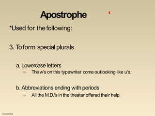 Unclassified
Apostrophe ‘
*Used for thefollowing:
3. Toform specialplurals
a. Lowercaseletters
 Thew’s on this typewriter come outlooking like u’s.
b. Abbreviations ending withperiods
 All the M.D.’s in the theater offered their help.
 