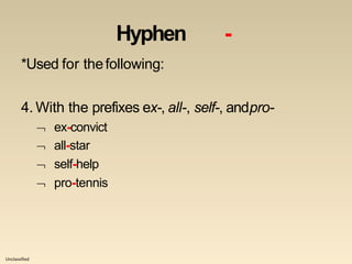 Unclassified
Hyphen -
*Used for thefollowing:
4. With the prefixes ex-, all-, self-, andpro-
 ex-convict
 all-star
 self-help
 pro-tennis
 